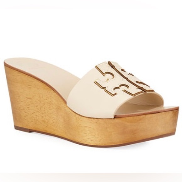 Tory Burch Shoes - Tory Burch Ines 80mm Wood Wedge Leather Slide Sandals in New Cream / Gold Size 9